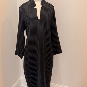 ELM Pinstriped Black Dress with Mandarin Collar and Bishop Sleeves